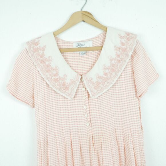 Vintage Size 6 Dress Embroidered Collar Pink Gingham Cottagecore 90s Dainty Midi - Picture 2 of 10